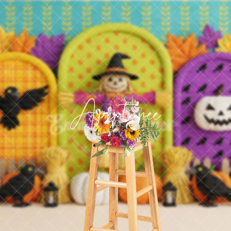 Aperturee - Aperturee Autumn Harvest Scarecrow Photography Backdrop with Pumpkins Crows and Fall Leaves for Seasonal Photoshoot