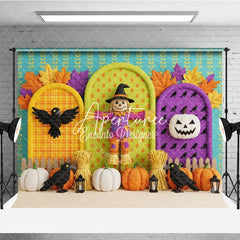 Aperturee - Aperturee Autumn Harvest Scarecrow Photography Backdrop with Pumpkins Crows and Fall Leaves for Seasonal Photoshoot