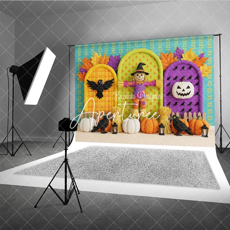 Aperturee - Aperturee Autumn Harvest Scarecrow Photography Backdrop with Pumpkins Crows and Fall Leaves for Seasonal Photoshoot