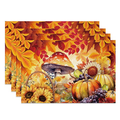 Aperturee - Aperturee Autumn Harvest Set of 4 Placemats with Mushroom Sunflower and Pumpkin for Fall and Thanksgiving
