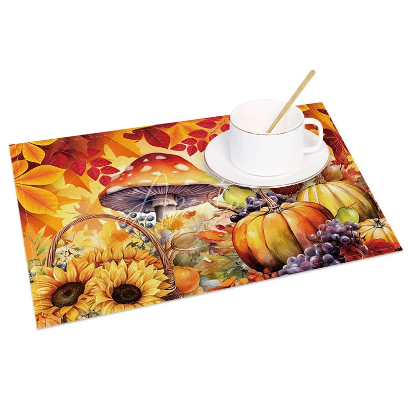 Aperturee - Aperturee Autumn Harvest Set of 4 Placemats with Mushroom Sunflower and Pumpkin for Fall and Thanksgiving