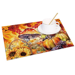 Aperturee - Aperturee Autumn Harvest Set of 4 Placemats with Mushroom Sunflower and Pumpkin for Fall and Thanksgiving