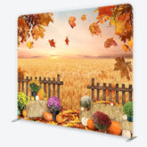 Aperturee - Aperturee Autumn Harvest Wheat Field Square Double-Sided Backdrop Rustic Pumpkins and Mums Decor