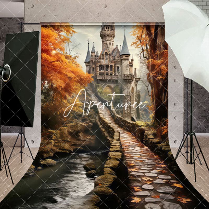 Aperturee - Aperturee Autumn Maple Grove Stone Path Castle Photo Backdrop