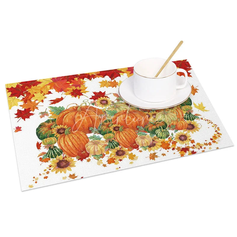 Aperturee - Aperturee Autumn Maple Leaf Pumpkin and Sunflower Set of 4 Placemats for Fall Harvest and Thanksgiving Decor