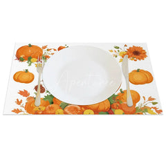 Aperturee - Aperturee Autumn Orange Pumpkin and Greenery Set of 4 Placemats for Fall Harvest and Thanksgiving Table Decor