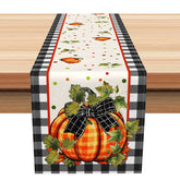 Aperturee - Aperturee Autumn Plaid Table Runner with Pumpkins and Bows Rustic Harvest Decor Farmhouse Thanksgiving Kitchen Linen
