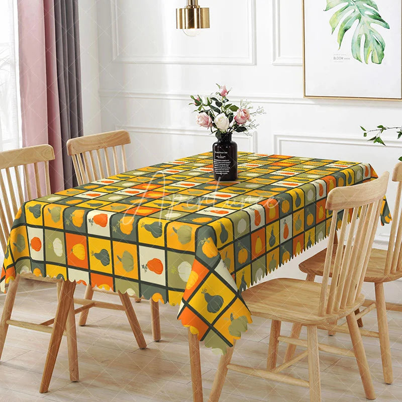 Aperturee - Aperturee Autumn Pumpkin Checkered Rectangle Tablecloth Fall Harvest Orange Yellow Plaid Thanksgiving Holiday Kitchen Decor