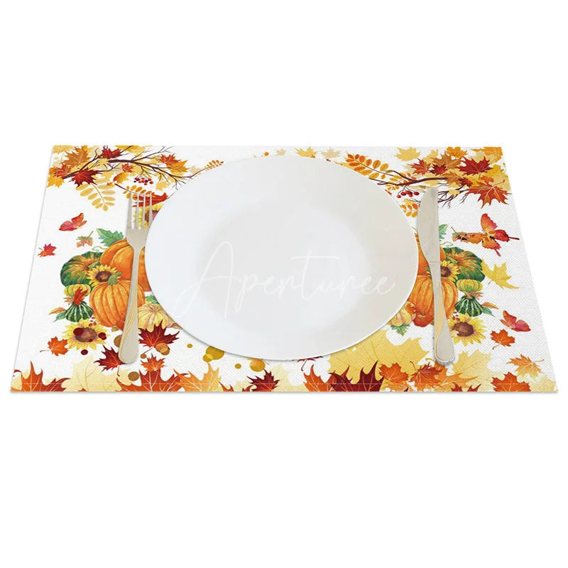 Aperturee - Aperturee Autumn Pumpkin Maple Leaf and Sunflower Set of 4 Placemats for Fall Harvest and Thanksgiving