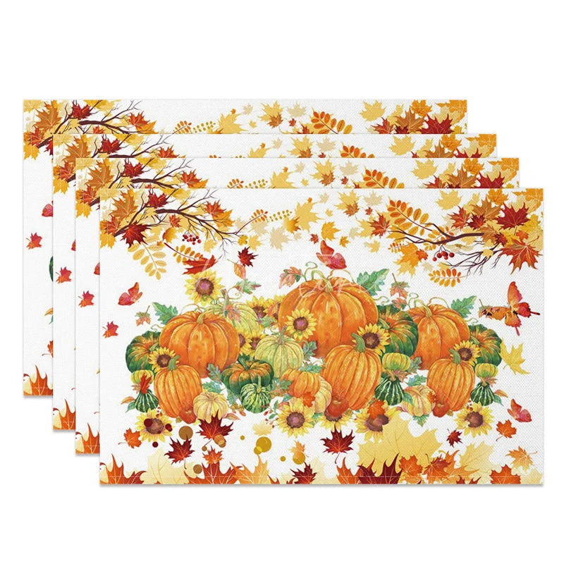 Aperturee - Aperturee Autumn Pumpkin Maple Leaf and Sunflower Set of 4 Placemats for Fall Harvest and Thanksgiving