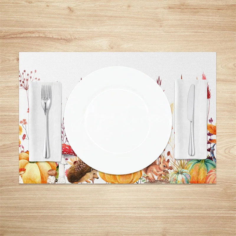 Aperturee - Aperturee Autumn Pumpkin Mushroom and Hedgehog Set of 4 Placemats for Fall and Thanksgiving Woodland Decor