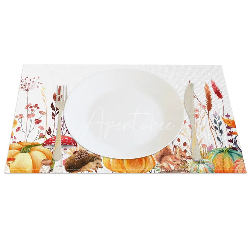 Aperturee - Aperturee Autumn Pumpkin Mushroom and Hedgehog Set of 4 Placemats for Fall and Thanksgiving Woodland Decor