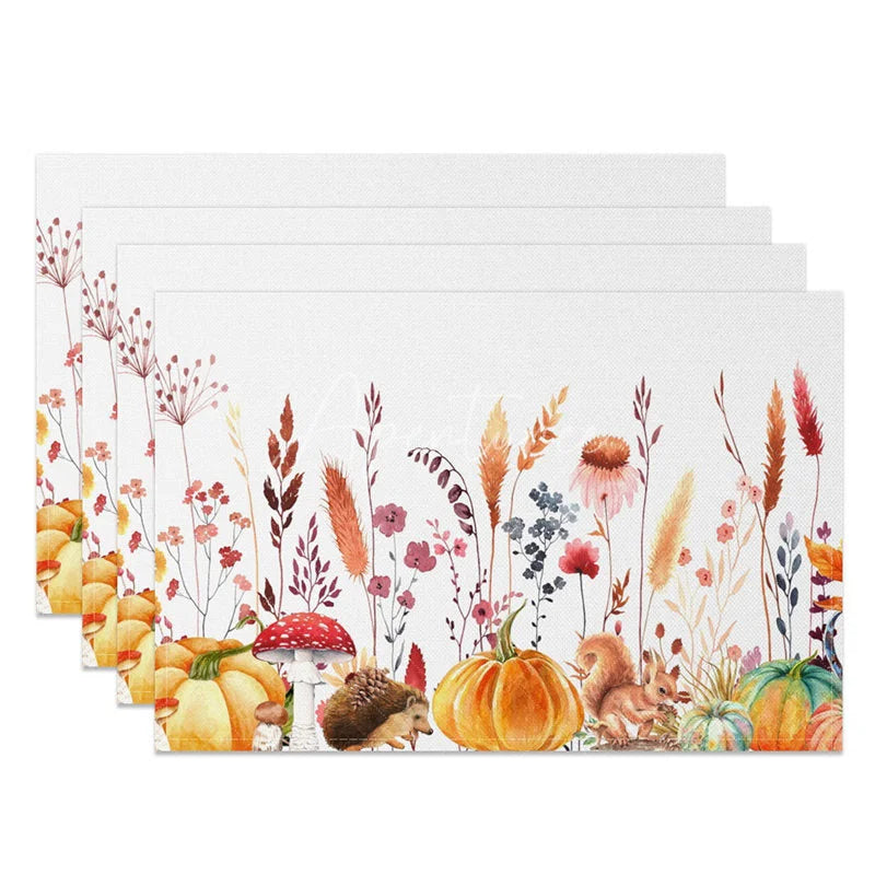 Aperturee - Aperturee Autumn Pumpkin Mushroom and Hedgehog Set of 4 Placemats for Fall and Thanksgiving Woodland Decor