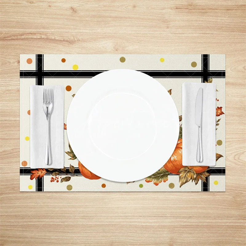 Aperturee - Aperturee Autumn Pumpkin on Black and White Cross Stripe Set of 4 Placemats for Modern Farmhouse Fall Decor