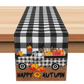 Aperturee - Aperturee Autumn Pumpkin Truck Table Runner Black Plaid with Vintage Farm Truck Rustic Harvest Thanksgiving Decor