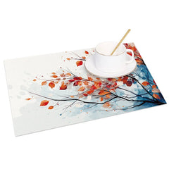 Aperturee - Aperturee Autumn Red and Orange Leaves Pattern Set of 4 Placemats for Fall Harvest and Thanksgiving Dining Decor