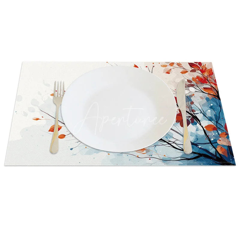 Aperturee - Aperturee Autumn Red and Orange Leaves Pattern Set of 4 Placemats for Fall Harvest and Thanksgiving Dining Decor