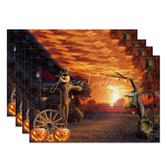 Aperturee - Aperturee Autumn Scarecrow and Fallen Leaves Set of 4 Placemats for Fall Harvest and Thanksgiving Farmhouse Decor