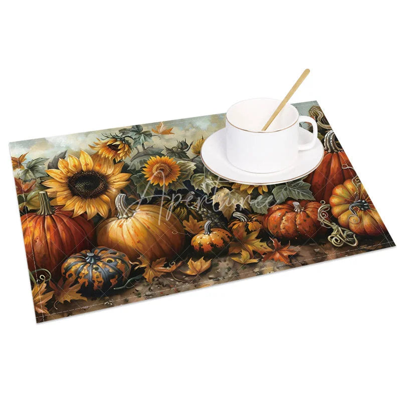 Aperturee - Aperturee Autumn Sunflower and Pumpkin Pattern Set of 4 Placemats for Fall Harvest and Thanksgiving Dining Decor