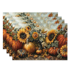 Aperturee - Aperturee Autumn Sunflower and Pumpkin Pattern Set of 4 Placemats for Fall Harvest and Thanksgiving Dining Decor