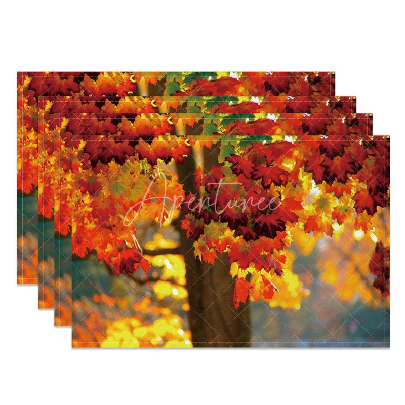 Aperturee - Aperturee Autumn Tree and Red Maple Leaf Pattern Set of 4 Placemats for Fall Harvest and Thanksgiving Decor