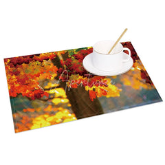 Aperturee - Aperturee Autumn Tree and Red Maple Leaf Pattern Set of 4 Placemats for Fall Harvest and Thanksgiving Decor
