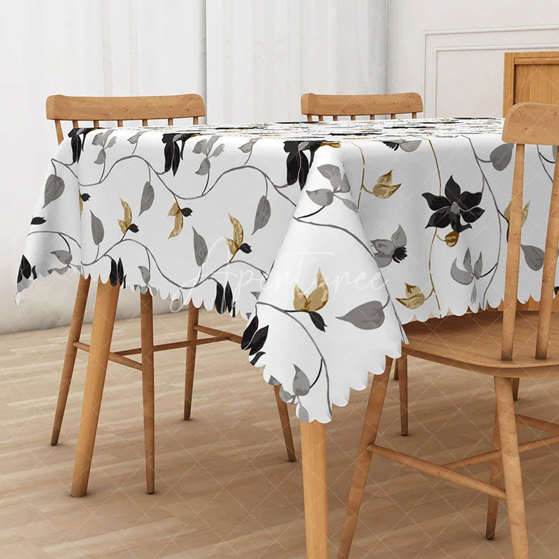 Aperturee - Aperturee Autumn Vibe Rectangle Tablecloth with Abutilon Flower Drawings for Elegant Fall and Thanksgiving Dining