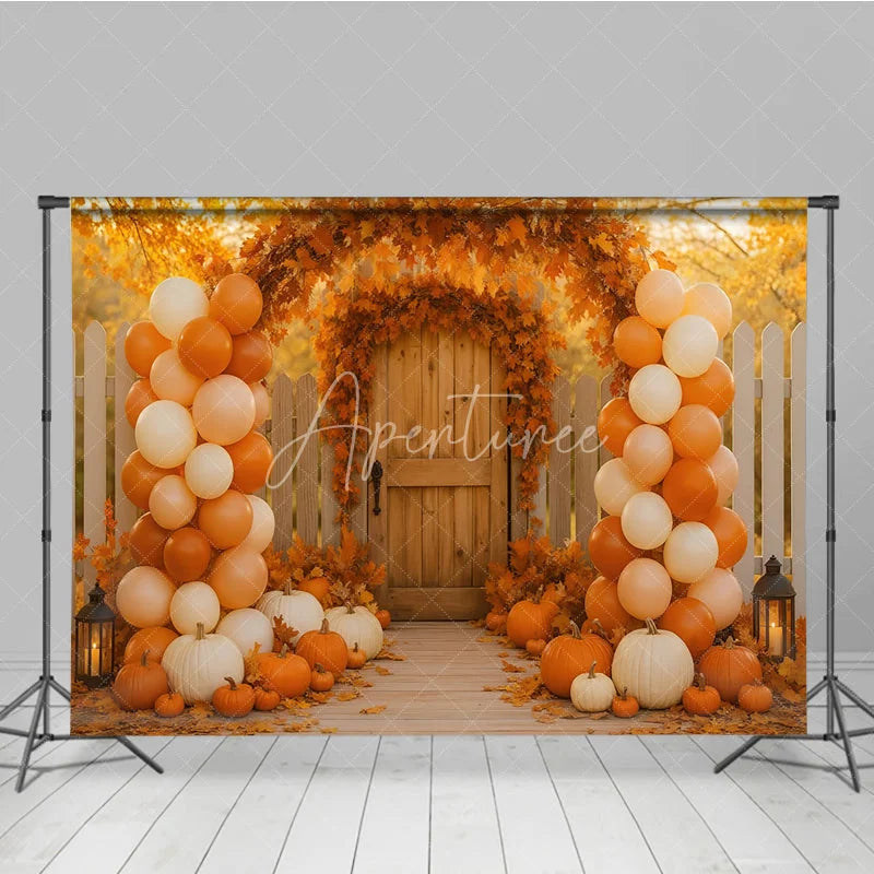 Aperturee - Aperturee Autumn Wedding Gate Photography Backdrop Fall Leaves Arch and Balloon Columns Rustic Pumpkin Path Photo Booth