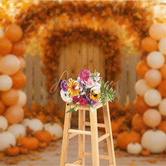 Aperturee - Aperturee Autumn Wedding Gate Photography Backdrop Fall Leaves Arch and Balloon Columns Rustic Pumpkin Path Photo Booth