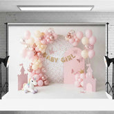 Aperturee - Aperturee Baby Girl Unicorn Cake Smash Backdrop Pink Castle and Balloons Party Background for Girls