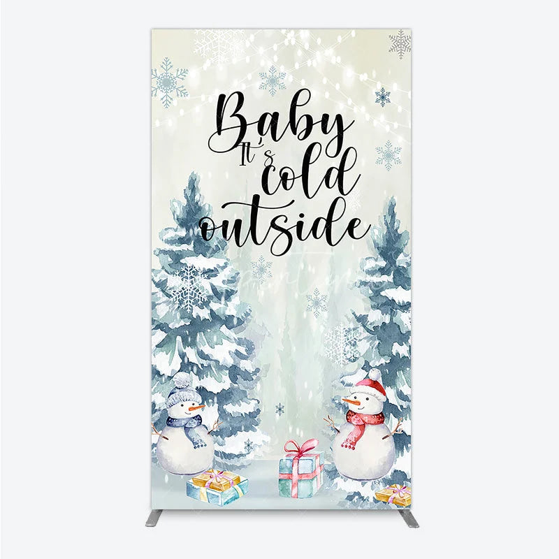 Aperturee - Aperturee Baby Its Cold Outside Rectangle Backdrop Winter Snowman Watercolor Pine Tree