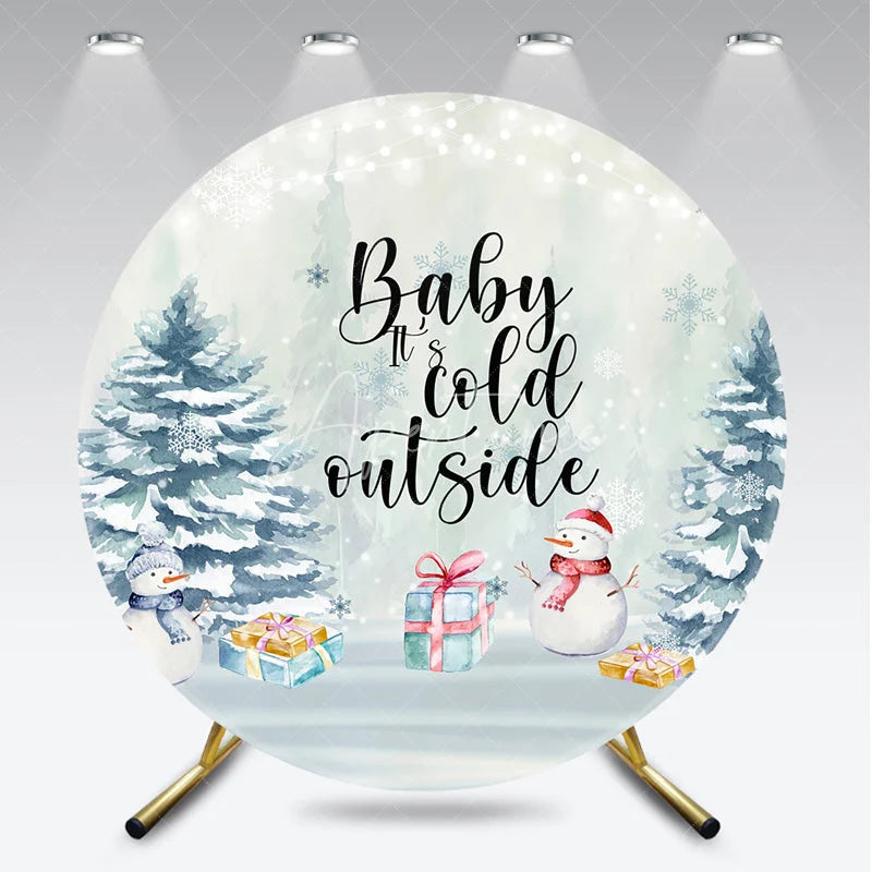 Aperturee - Aperturee Baby It’s Cold Outside Round Backdrop Winter Wonderland Snowman Snowy Pine Trees Baby Shower Decor
