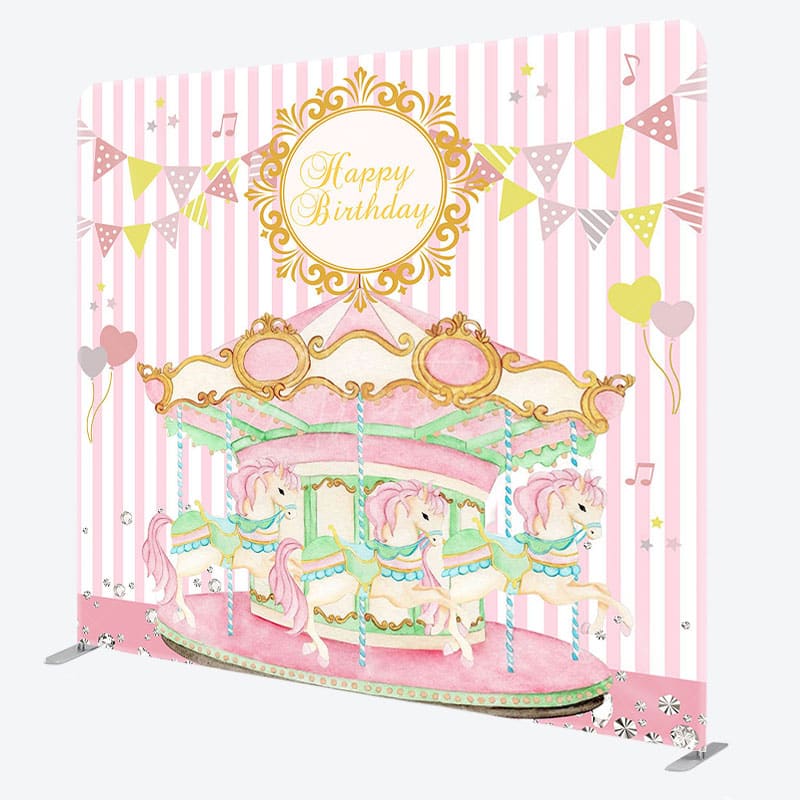 Aperturee - Aperturee Baby Pink Carrousel Birthday Square Tension Backdrop