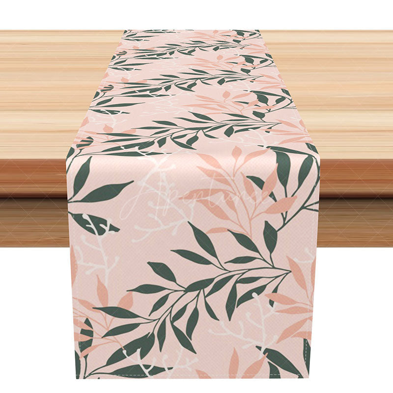 Aperturee - Aperturee Baby Pink Leaf Pattern Table Runner Step and Repeat Botanical Design Cute and Sweet Girls Nursery or Party Decor