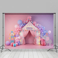 Aperturee - Aperturee Baby Pink Purple Circus Balloons Cake Smash Backdrop