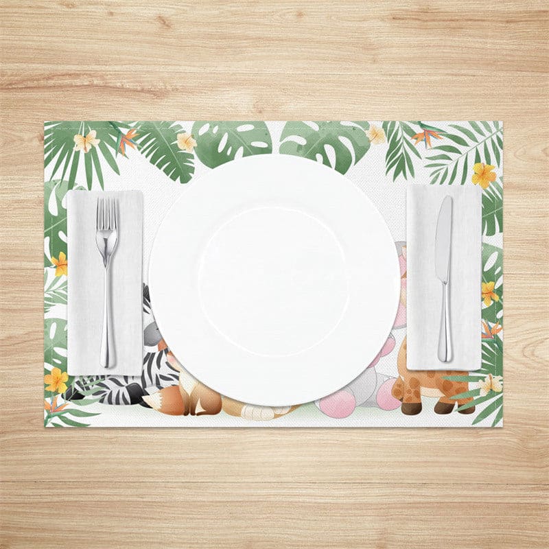 Aperturee - Aperturee Baby Safari Animal Monstera Dining Set of 4 Placemats