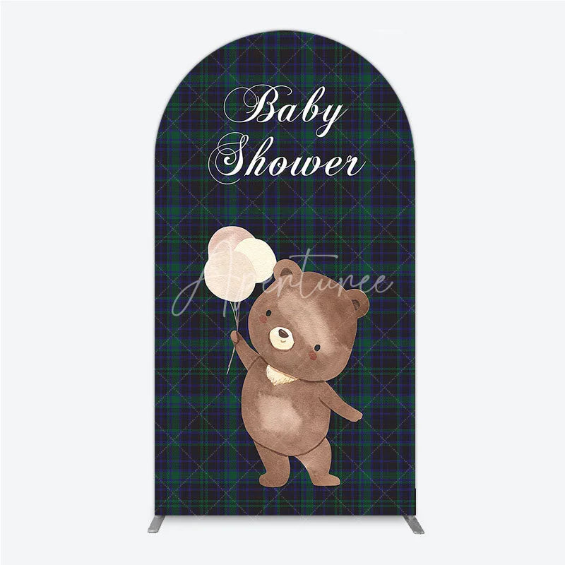 Aperturee - Aperturee Baby Shower Bear with Balloons Arch Backdrop Green and Blue Tartan Plaid Party Cover