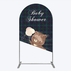 Aperturee - Aperturee Baby Shower Bear with Balloons Arch Backdrop Green and Blue Tartan Plaid Party Cover