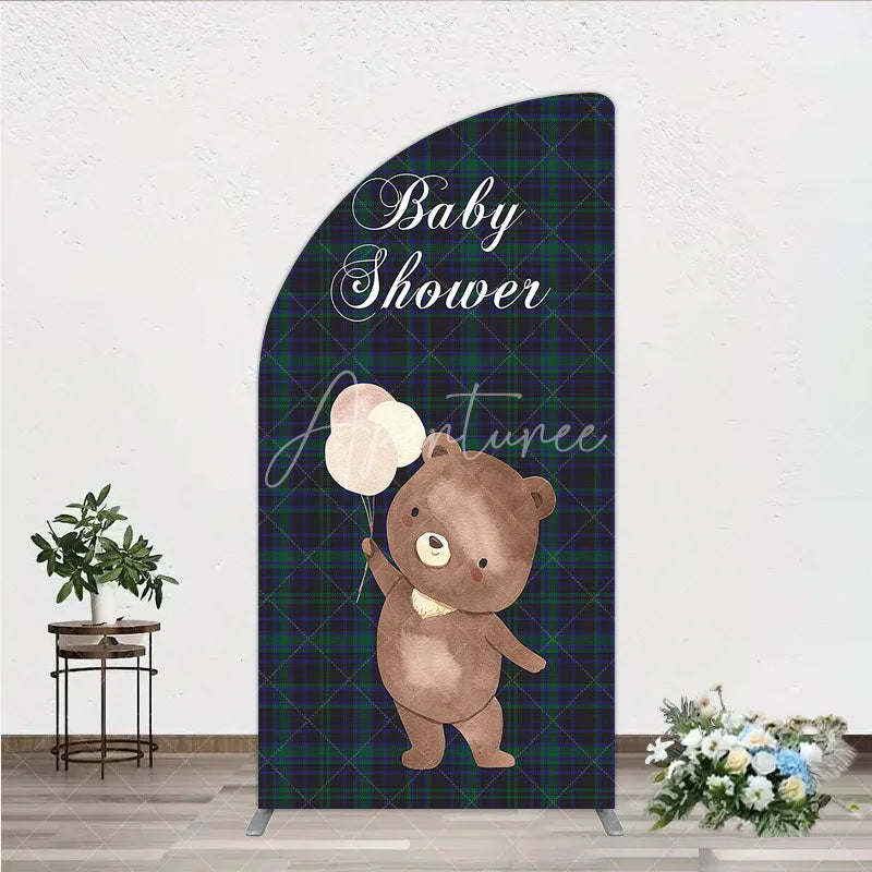 Aperturee - Aperturee Baby Shower Bear with Balloons Half Moon Arch Backdrop Green and Blue Tartan Plaid Party Cover