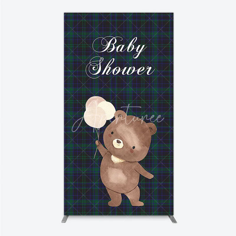 Aperturee - Aperturee Baby Shower Bear with Balloons Rectangle Backdrop Green and Blue Tartan Plaid Party Cover