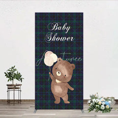 Aperturee - Aperturee Baby Shower Bear with Balloons Rectangle Backdrop Green and Blue Tartan Plaid Party Cover