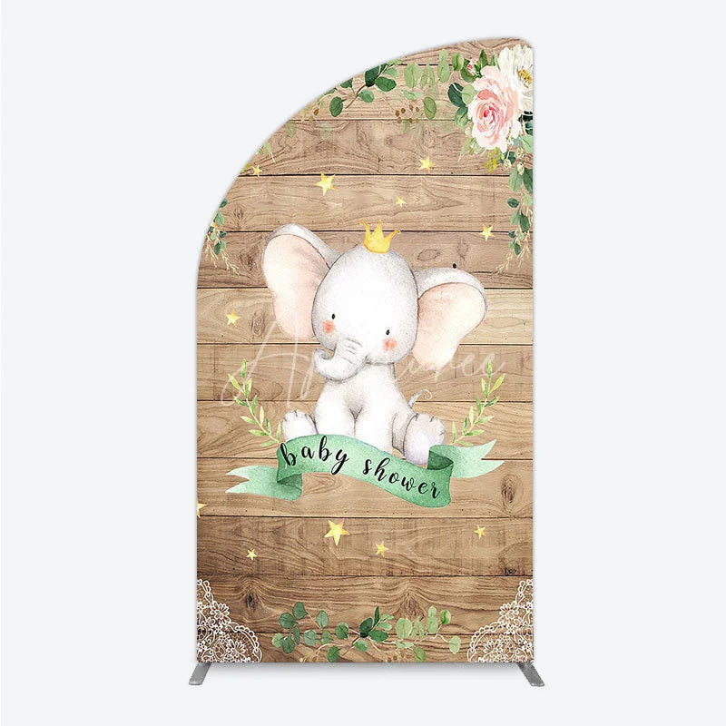 Aperturee - Aperturee Baby Shower Half Moon Arch Backdrop with Crown Elephant Rustic Wood Plank and Pink Floral Roses Girl Baby Shower