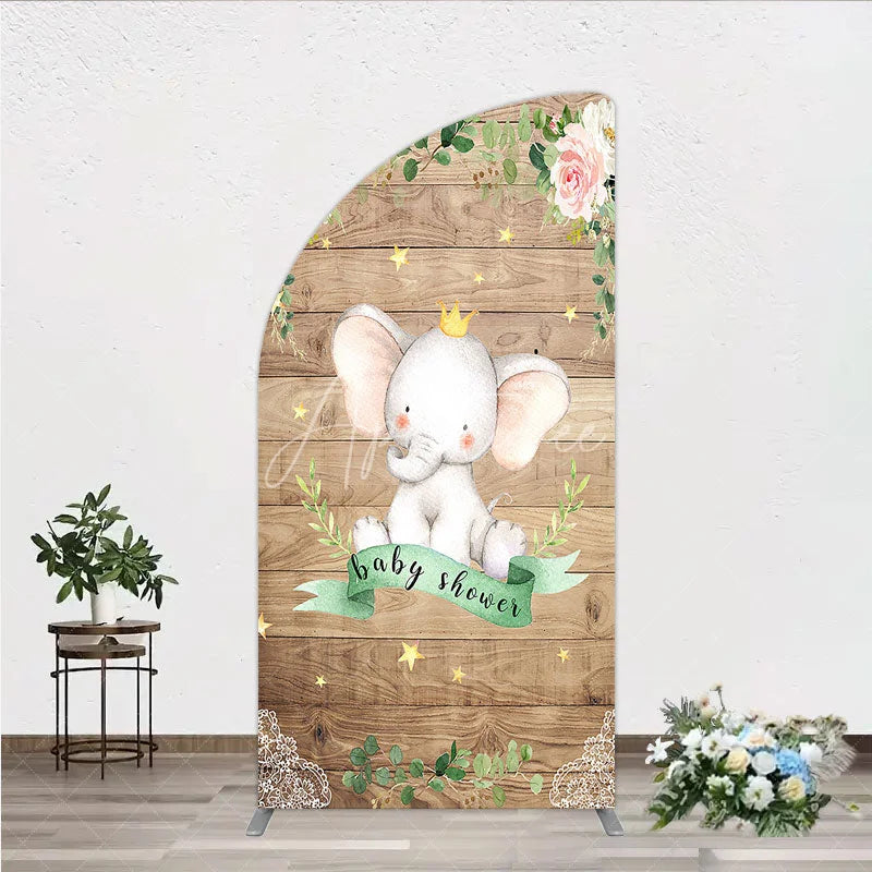 Aperturee - Aperturee Baby Shower Half Moon Arch Backdrop with Crown Elephant Rustic Wood Plank and Pink Floral Roses Girl Baby Shower