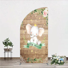 Aperturee - Aperturee Baby Shower Half Moon Arch Backdrop with Crown Elephant Rustic Wood Plank and Pink Floral Roses Girl Baby Shower