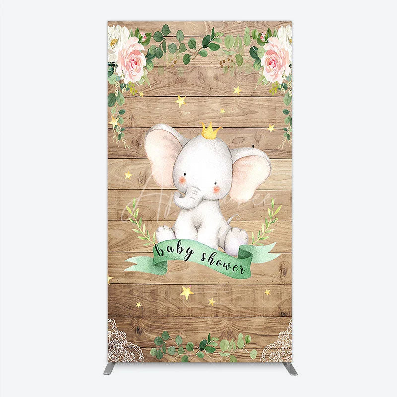 Aperturee - Aperturee Baby Shower Rectangle Backdrop with Crown Elephant Rustic Wood Plank and Pink Floral Roses Girl Baby Shower