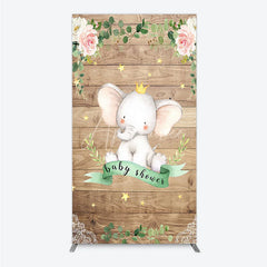 Aperturee - Aperturee Baby Shower Rectangle Backdrop with Crown Elephant Rustic Wood Plank and Pink Floral Roses Girl Baby Shower