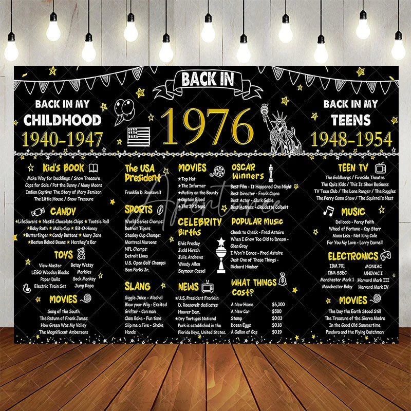 Aperturee - Aperturee Back in 1976 Birthday Backdrop 50th Party Black Gold Photography Background