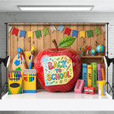 Aperturee - Aperturee Back to School Apple Photography Backdrop with Colorful Art and Learning Supplies Wooden Wall Background