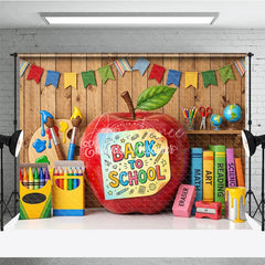 Aperturee - Aperturee Back to School Apple Photography Backdrop with Colorful Art and Learning Supplies Wooden Wall Background