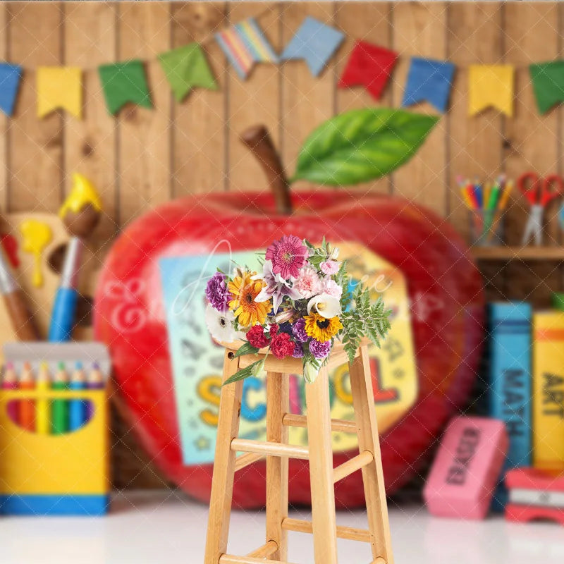 Aperturee - Aperturee Back to School Apple Photography Backdrop with Colorful Art and Learning Supplies Wooden Wall Background